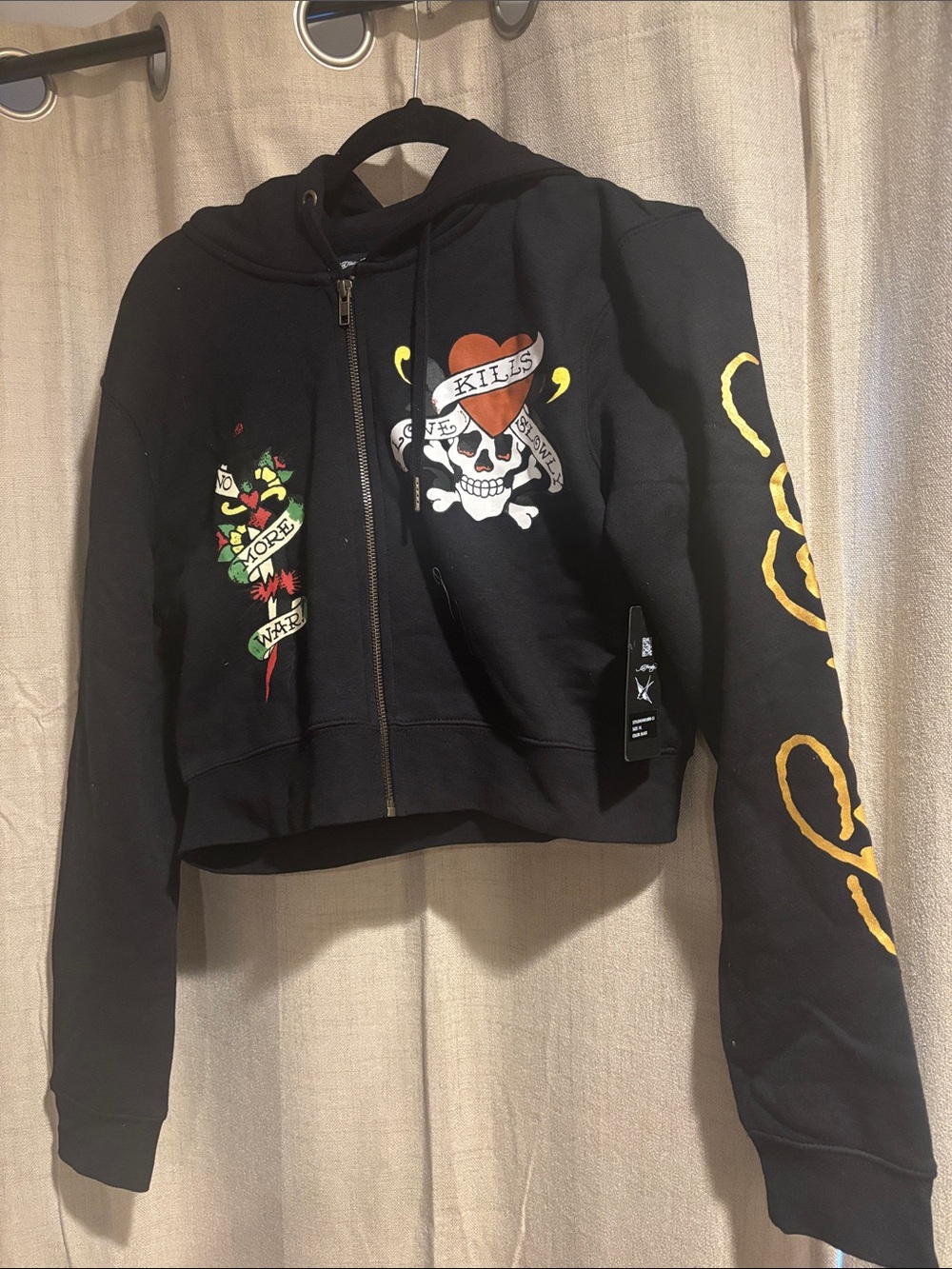 Ed Hardy Black Cropped Zip Hoodie with Yellow and Red Graphic